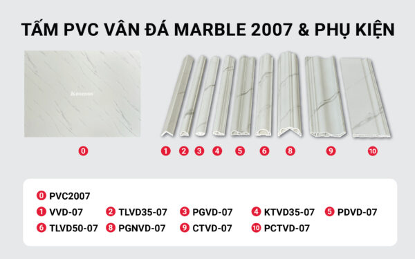 Bộ tấm ốp PVC vân đá Marble PVC2007 và phụ kiện 07